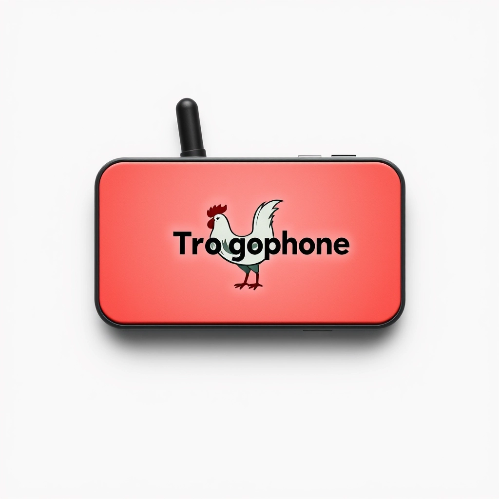 Cell phone with name "Trogophone" and rooster emblem.