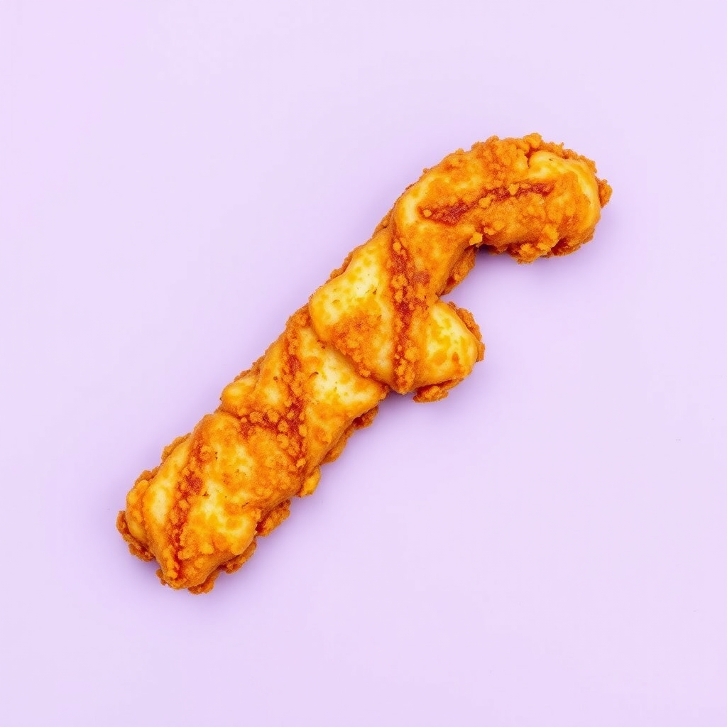 A letter "F" made of fried food on a light purple background, realistic photograph.