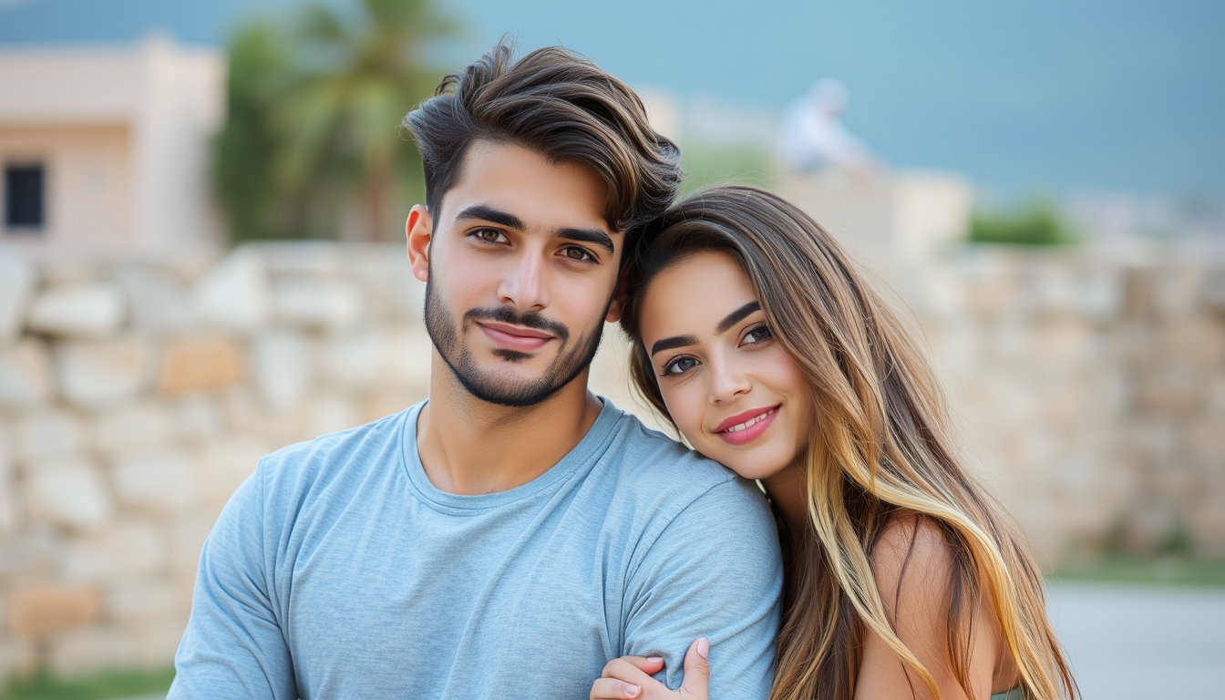 Handsome man and beautiful woman teenage couple from Palestine with great hair. - Image