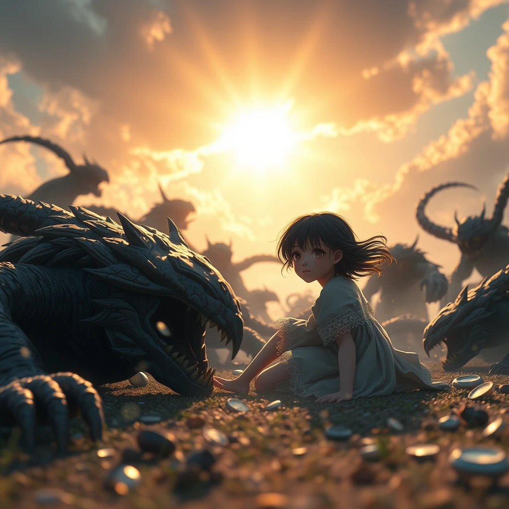 As the last dark creature fell, the girl wearily fell to the ground. But her face was filled with the joy of victory. At this moment, warm sunlight poured down from the sky, illuminating the entire world. The girl lifted her head and looked into the distance, her eyes filled with hope for the future. Picas style, 3D rendering, ultra-high definition picture quality, 36k, -- niji 6. - Image