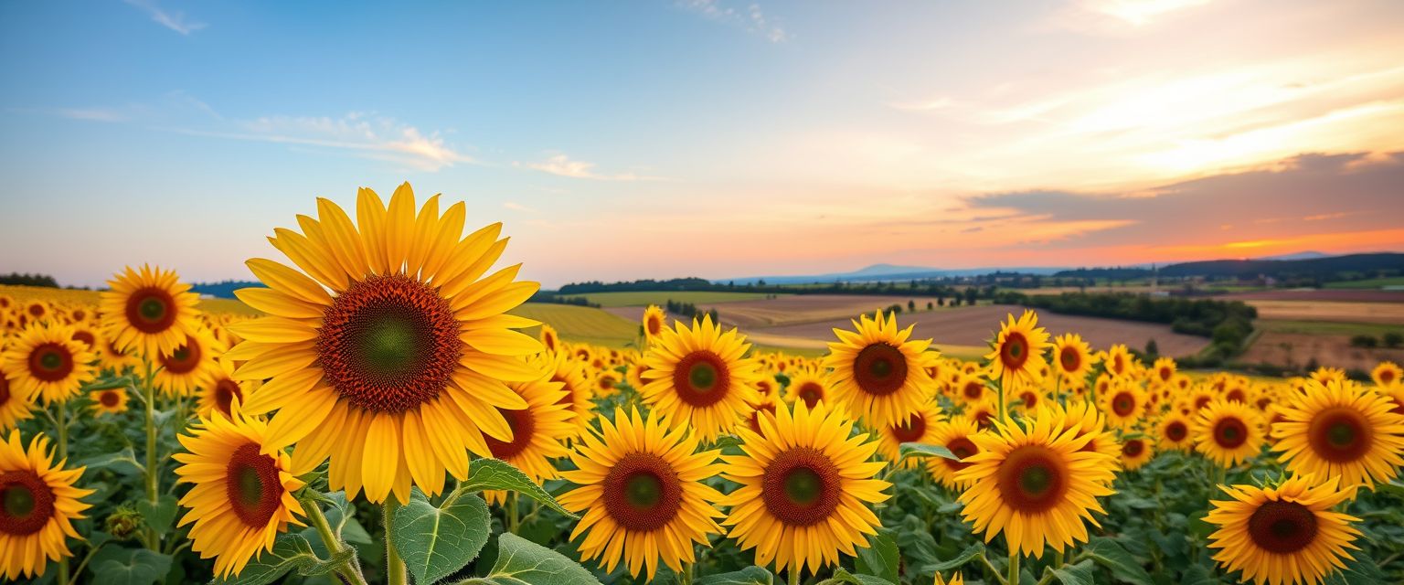 Vibrant, sunflower fields, golden blooms, high quality, photorealistic, summer, cheerful, idyllic, rural, panoramic, breathtaking, blue skies, windblown fields, sunset, floral arrangements.