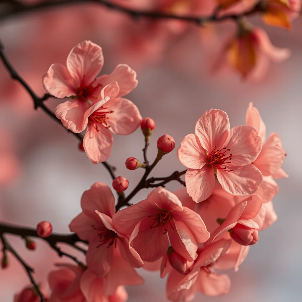 Enriched peach blossom visuals, deep autumn tone and mood, gold tone added.