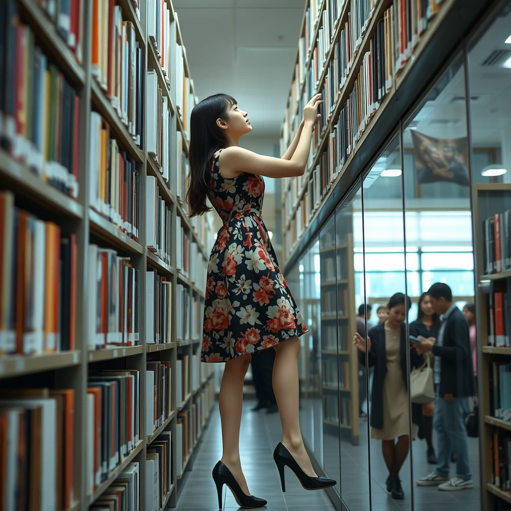 A young Japanese woman wearing a floral dress and black high heels, with white skin, is looking for books in the library. She is climbing up high to reach the books. There are many people in the library. - Image