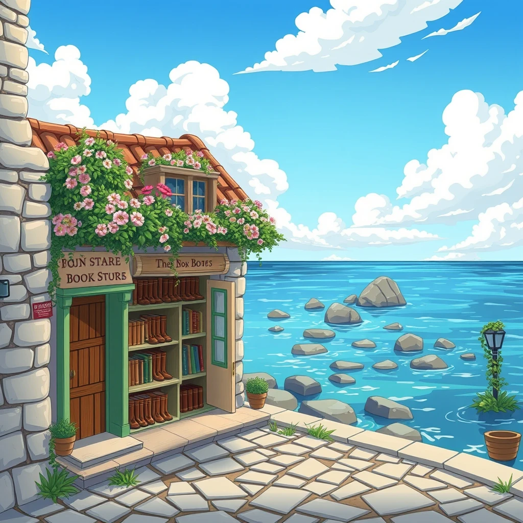 A book store beside the sea, with stone streets, flowers on the roof, boots on the shelf, doors open, cartoon style, blue sky, white clouds, you can see stones in the sea far away. - Image