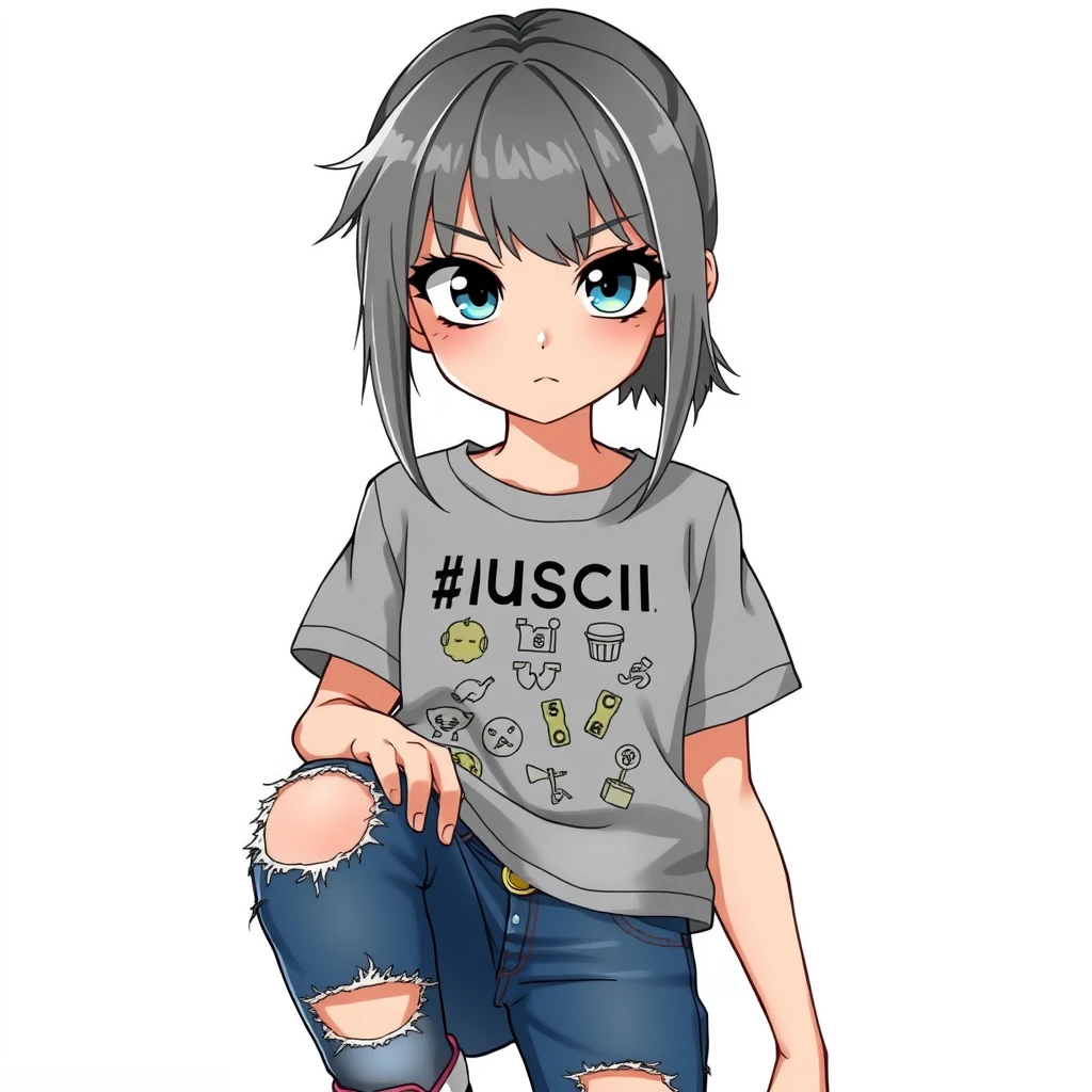 A teenage girl in a grey T-shirt with random symbols, torn jeans, and Gucci sneakers. Appearance: cool grey hair and large blue eyes, an arrogant look. Professional photo. Anime. - Image