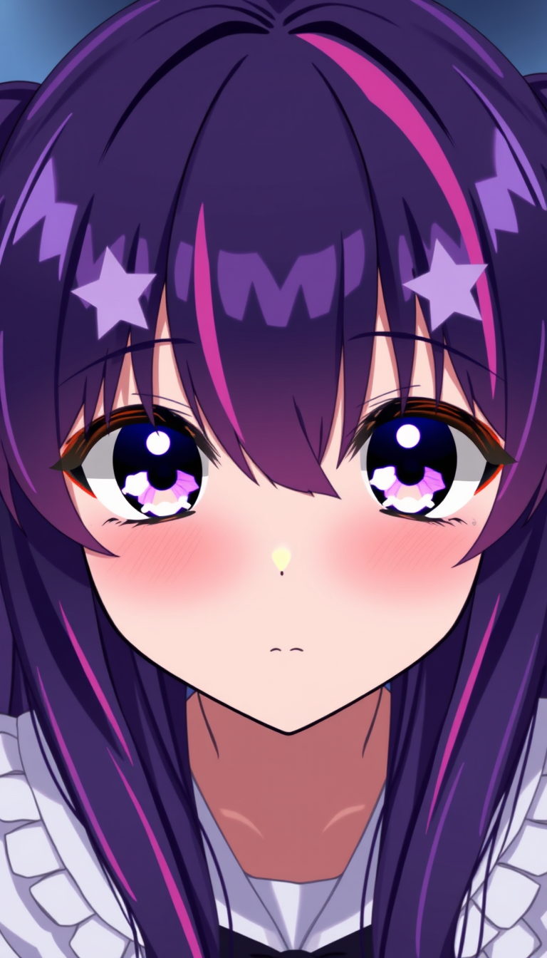 A beautiful young girl with dark purple and pink-colored eyes with white shiny six-star pupils. She has long indigo and purplish hair that reaches her waist and has bangs with pink streaks in them. Anime moe style. - Image