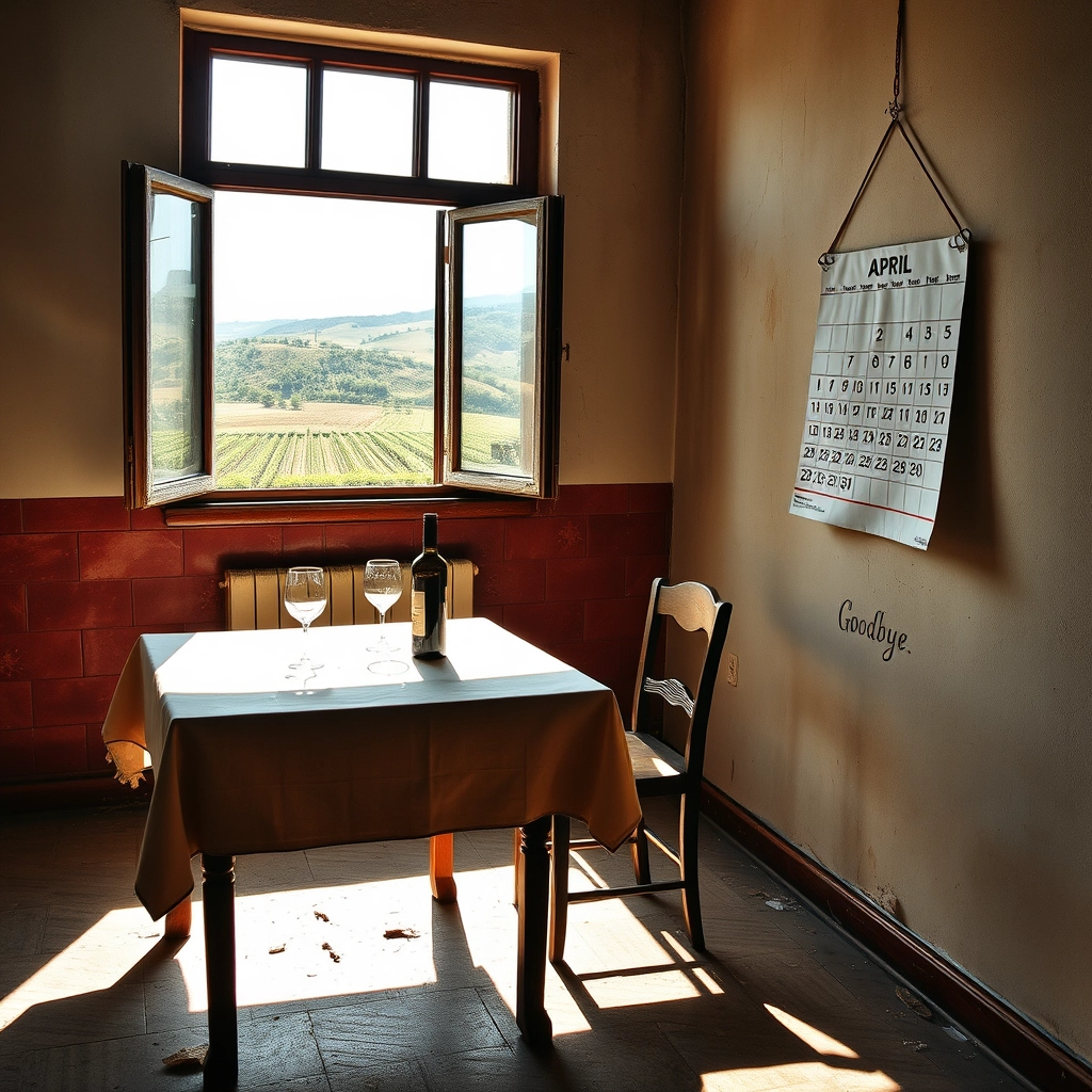 A room in an abandoned house, a square kitchen table, a tablecloth on it, a bottle of red wine and an empty glass, an empty chair pushed aside, a window through which the sunlight enters, projecting the window frame onto the floor, outside the window you can see a rural landscape, with hills full of vineyards, on the wall, on the right, painted with peeling paint, a hanging calendar, open on the month of April, with only 23 days and the writing Goodbye.