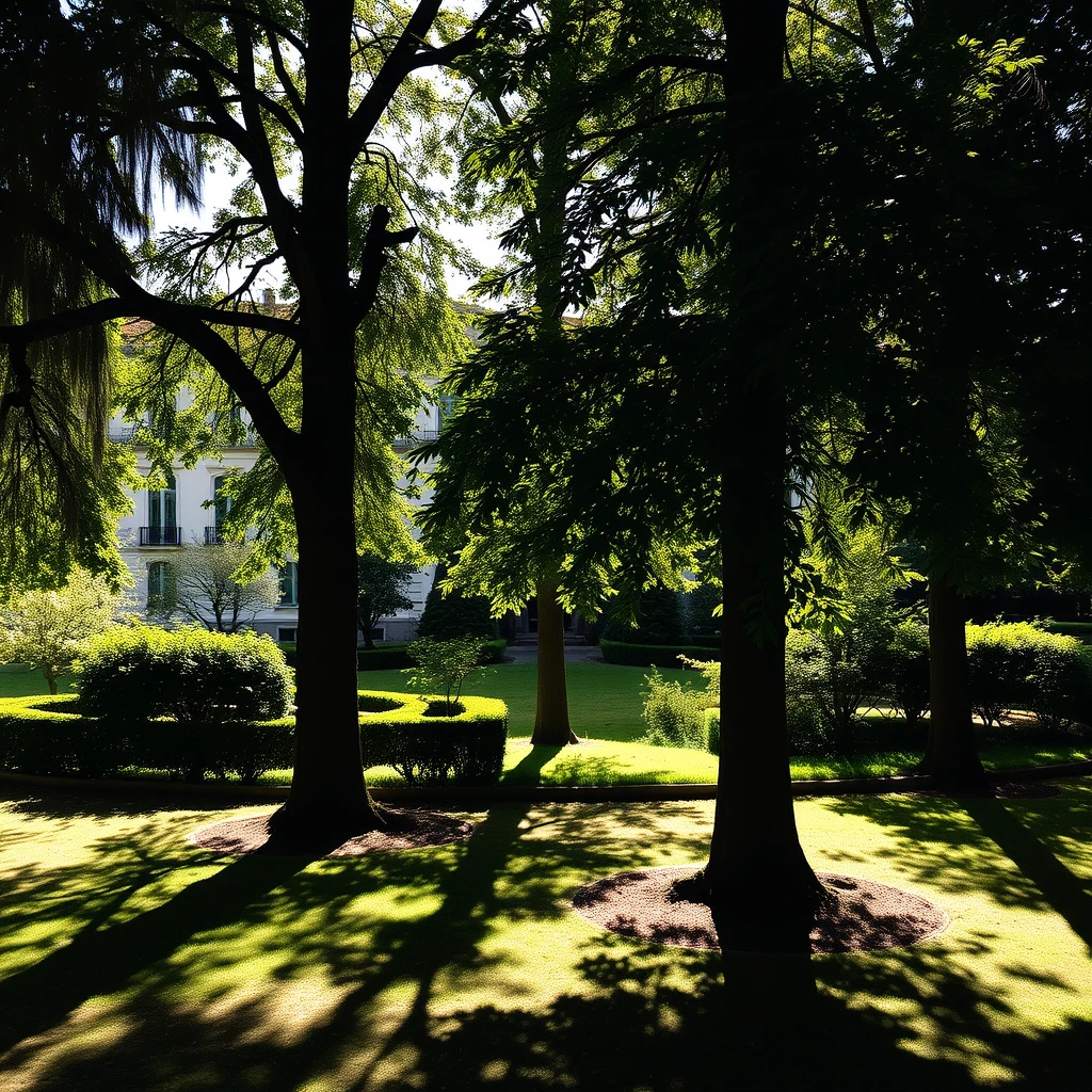 Trees casting shadows in a European garden.