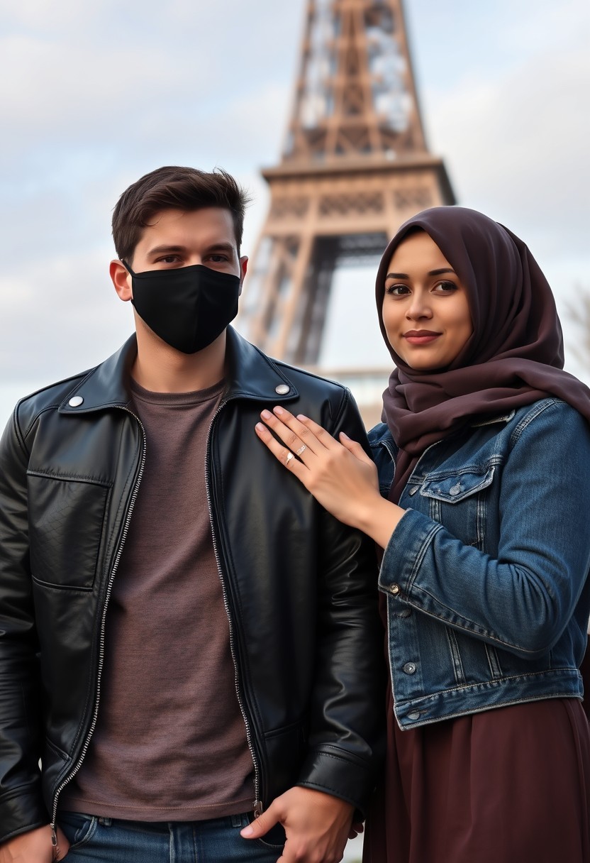 Jamie Dornan, handsome, black face mask, black leather jacket, jeans, dating, love couple with the biggest hijab Muslim girl, beautiful eyes, black face mask, jeans jacket, biggest skirt, wedding rings, Eiffel Tower, realistic, street photography.