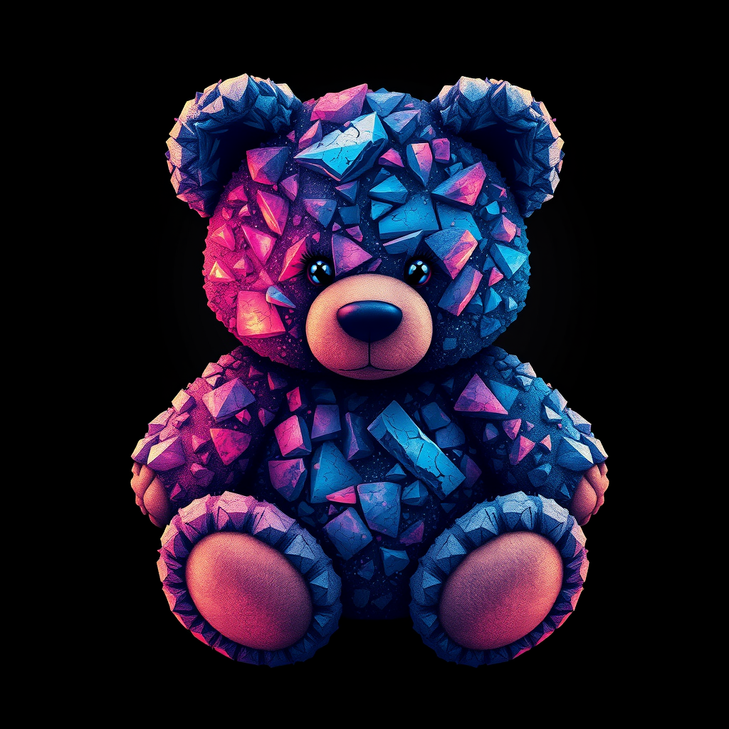 A tee shirt design of a teddy bear whose entire body, ears, and head are perfectly made of a beautiful jagged mineral that looks reminiscent of the universe with uneven colorful shards sticking out. Striking and beautiful, with deep blues and purples contrasting with vibrant reds and orange. - Image