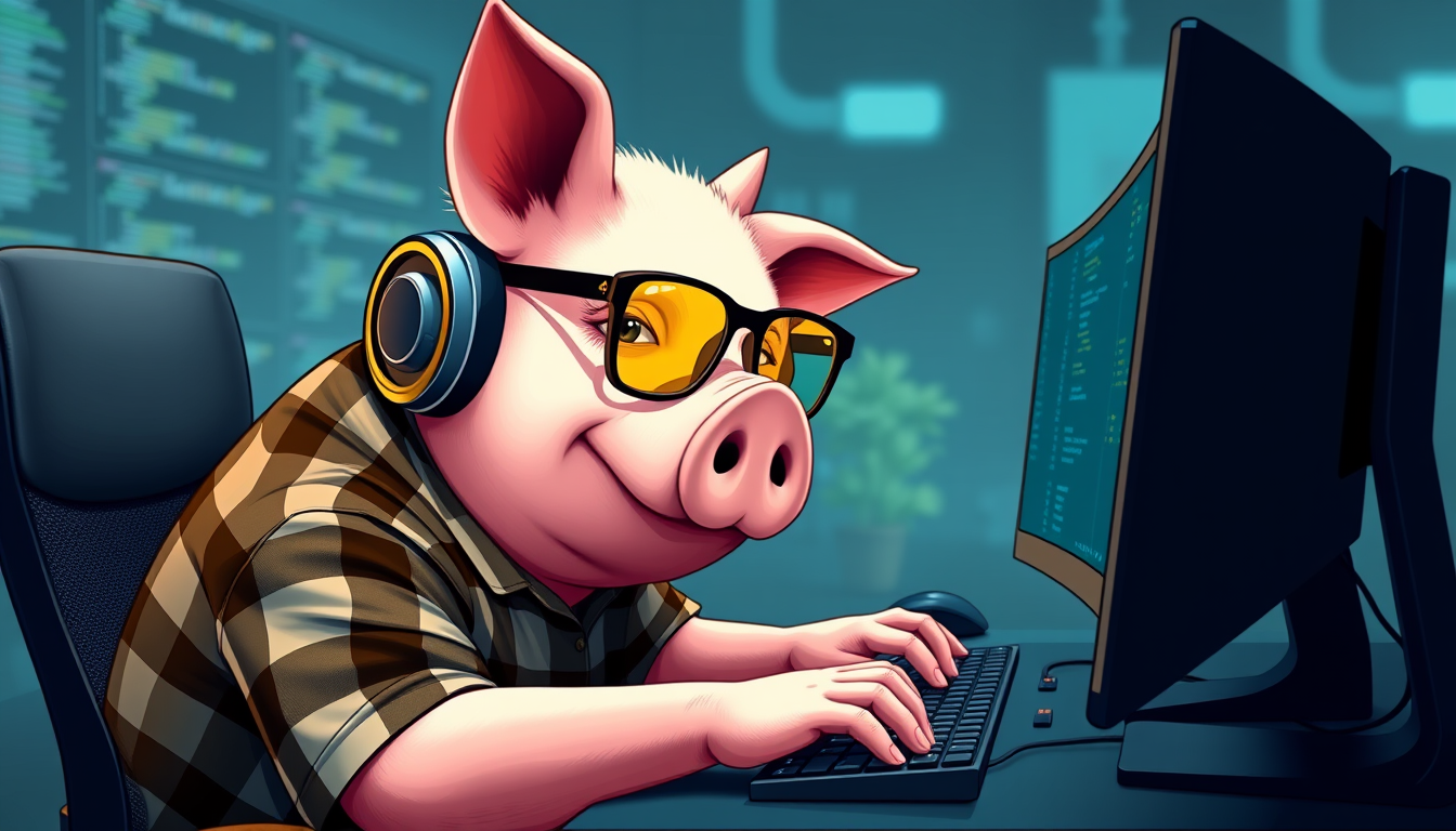 A tech-savvy pig coder, wearing yellow-tinted glasses and sleek noise-cancelling headphones, hunches over a cutting-edge multi-monitor setup. The anthropomorphic pig exudes focus, typing furiously while dressed in a plaid t-shirt.