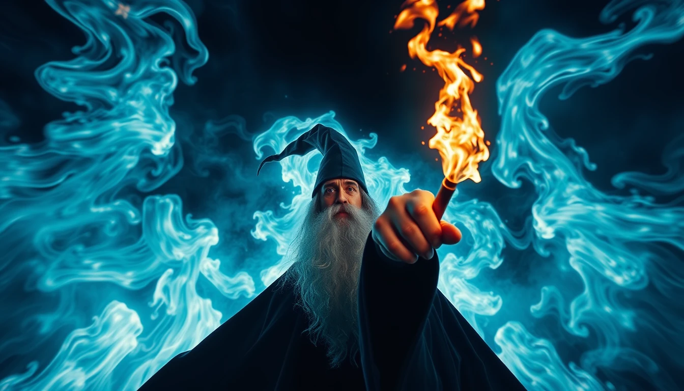 Wide-angle, gloomy atmosphere, background of swirling blue and white flames, wizard holding a magic wand. - Image