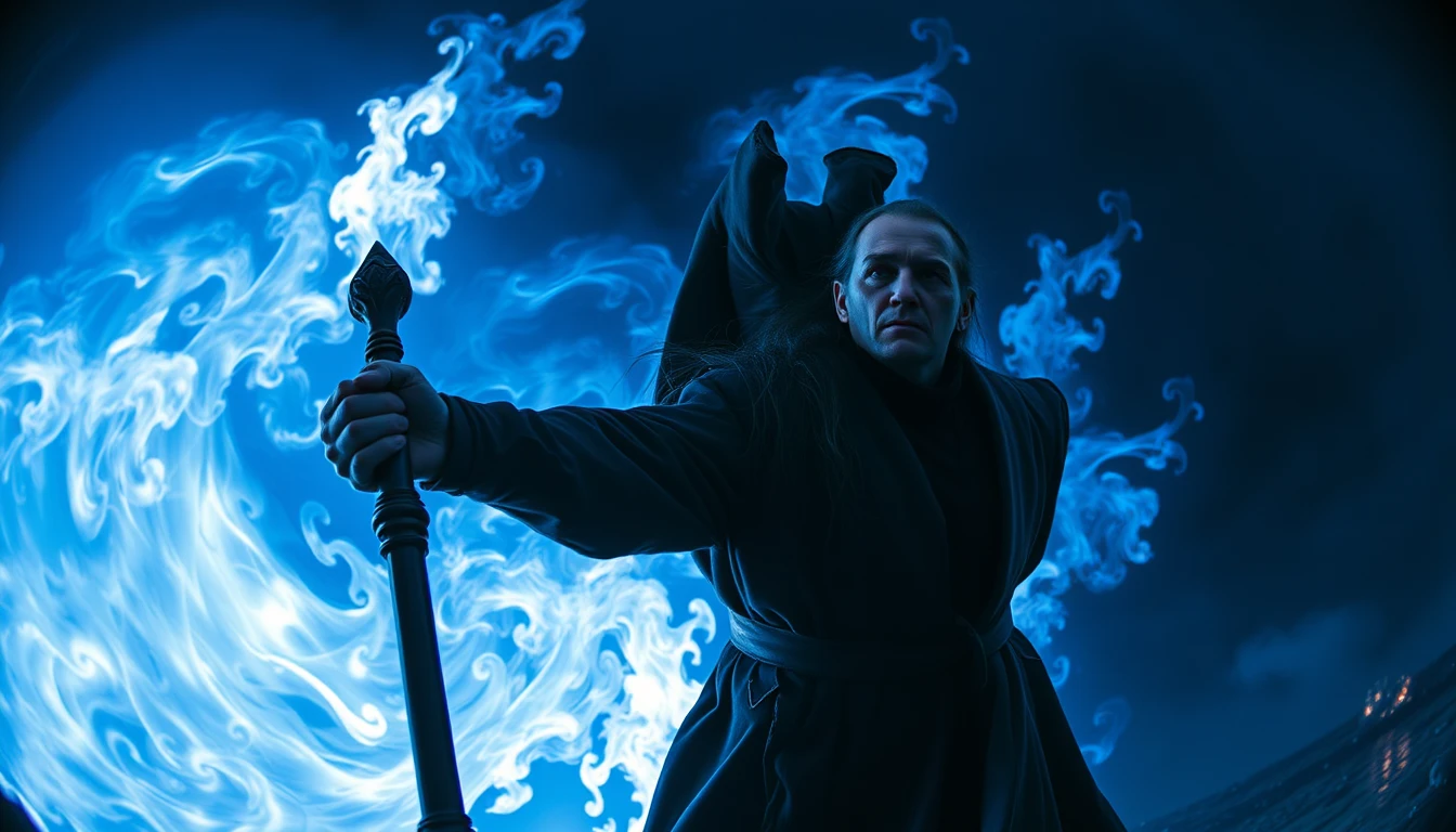 Wide-angle, gloomy atmosphere, blue and white swirling flames in the background, a wizard holding a staff with both hands glaring ahead.