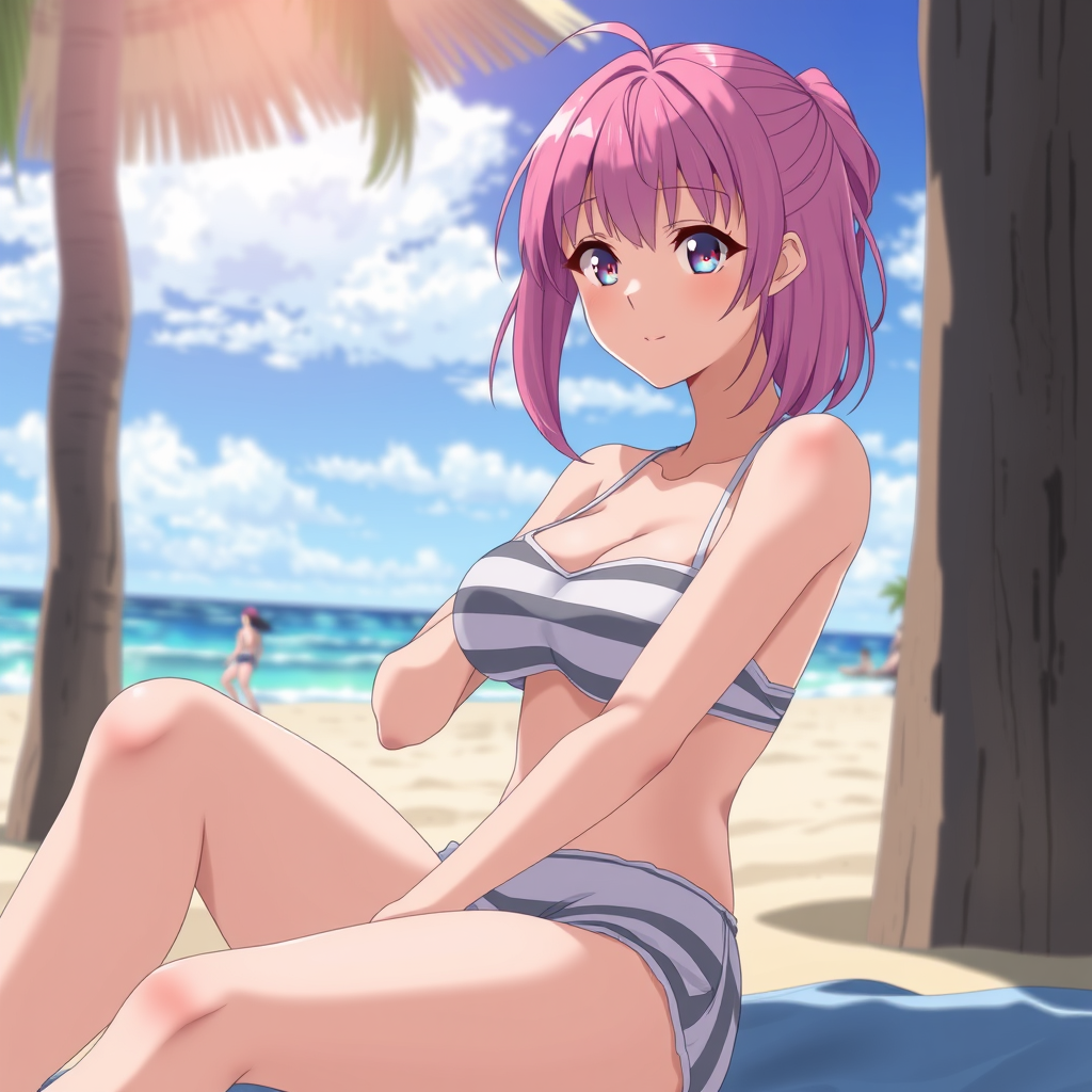 Anime art of a motherly woman, medium shot, pink hair, school swimsuit, detailed scene, sitting at beach, stunning details, trending on artstation, anime artwork, anime cel shading, detailed soft shadows.