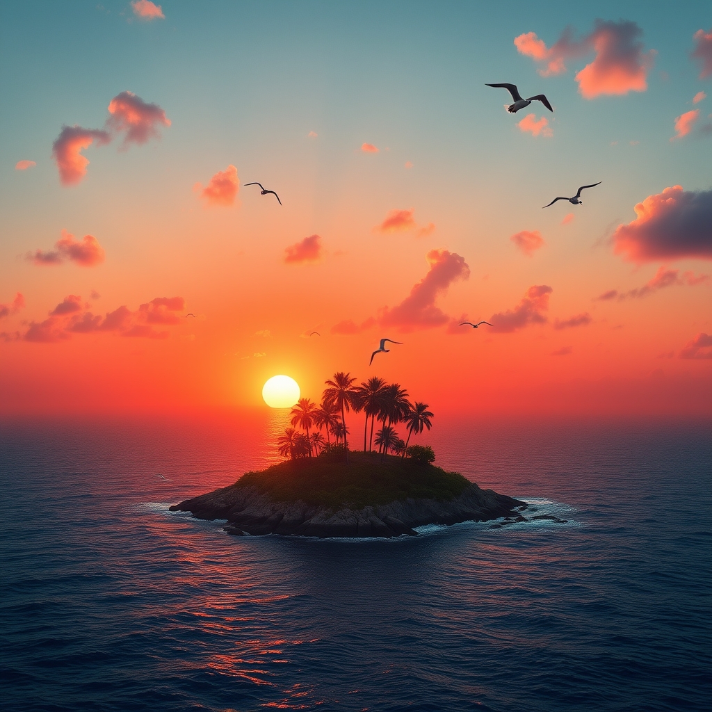 A beautiful view of a small island in the middle of the ocean, with some palms in the center of the island, at sunset, with suns in the background. The suns reflect on the ocean, and the sky has reddish shades, with some clouds and some seagulls flying in the sky.