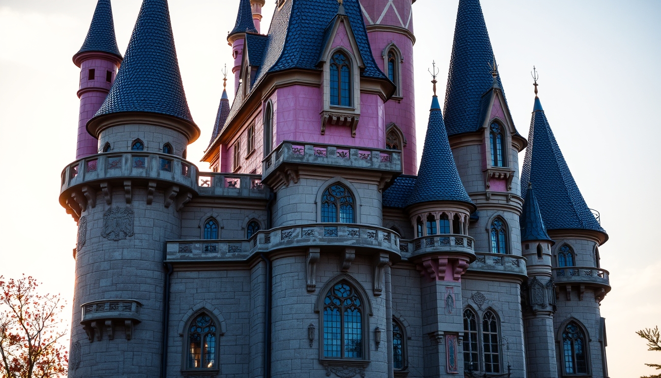 A whimsical fairy tale castle with glass turrets sparkling in the sunlight.