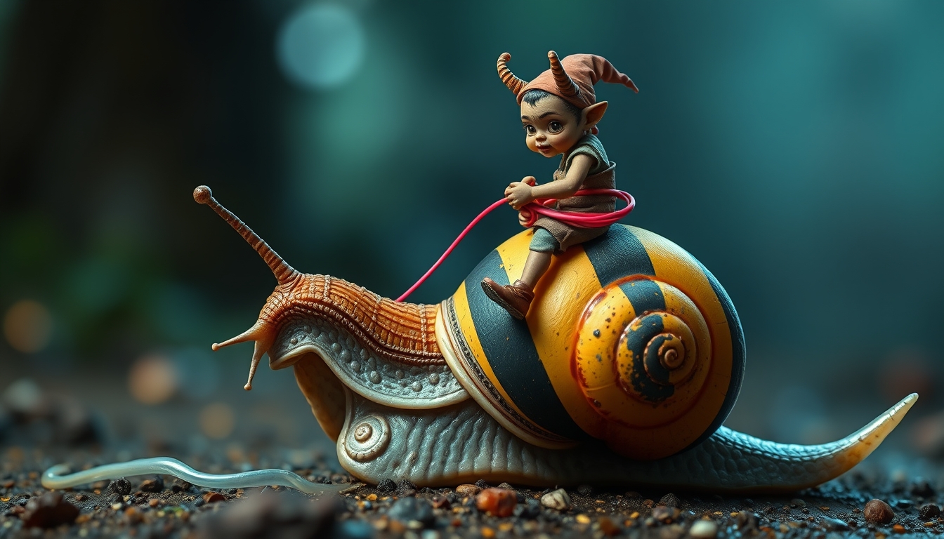 a tiny goblin jockey riding on the back of a giant snail, neon reins, the snail's shell is striped black and yellow, slime trail, neon bokeh, in the style of a fantasy painting