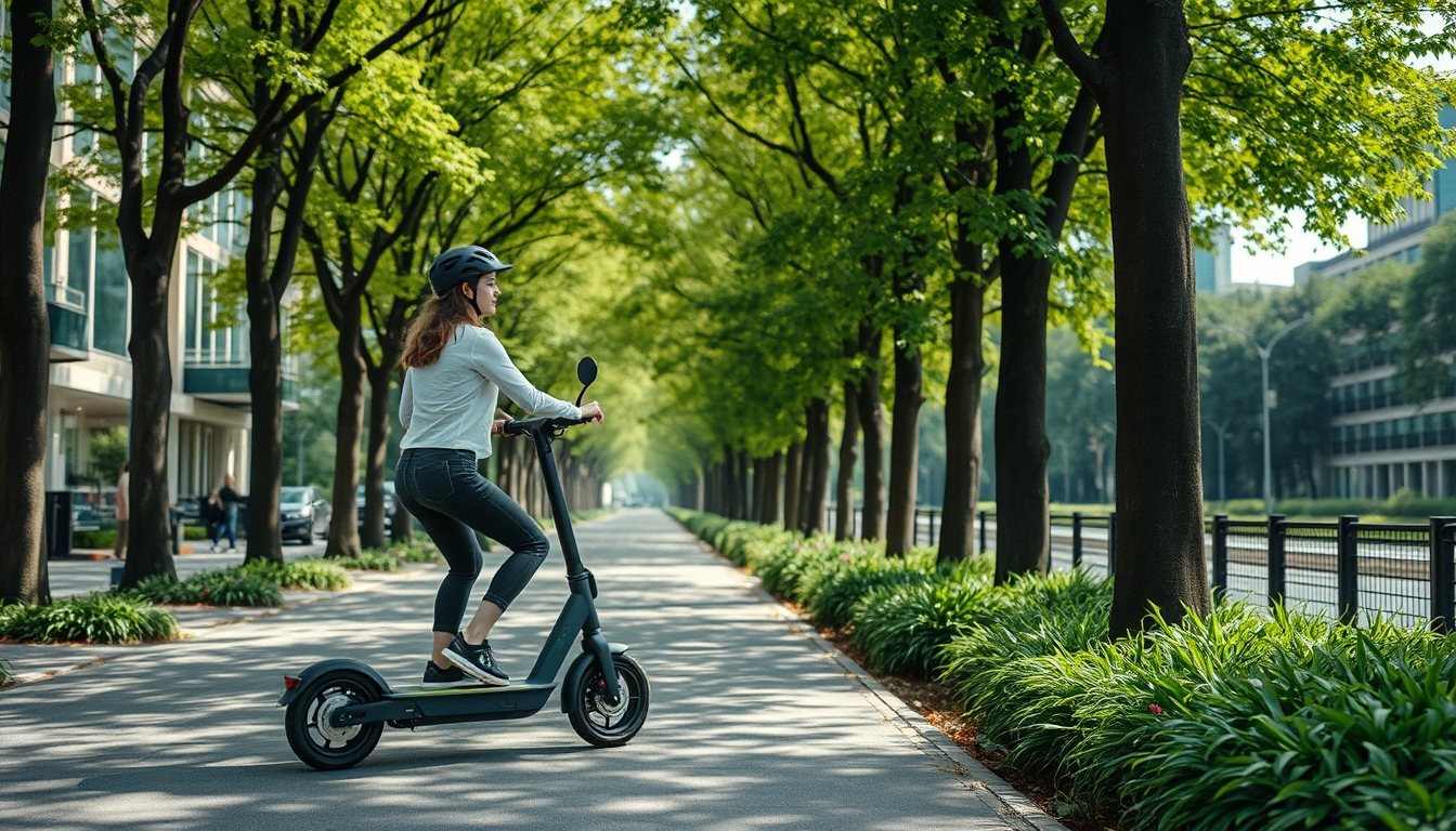 Woman riding an electric scooter on a tree-lined path in a sustainable city. - Image