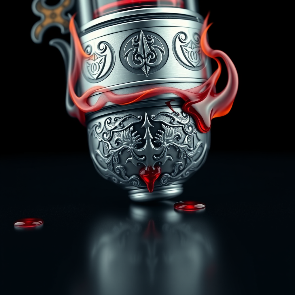 Hyper-realistic logo design for DoomVapes: Intricately detailed metallic vape tank, engraved with infernal motifs. Hellfire wisps curl around the device. Blood-red liquid seeps through cracks. Chthonic symbols etched on sleek surface. - Image