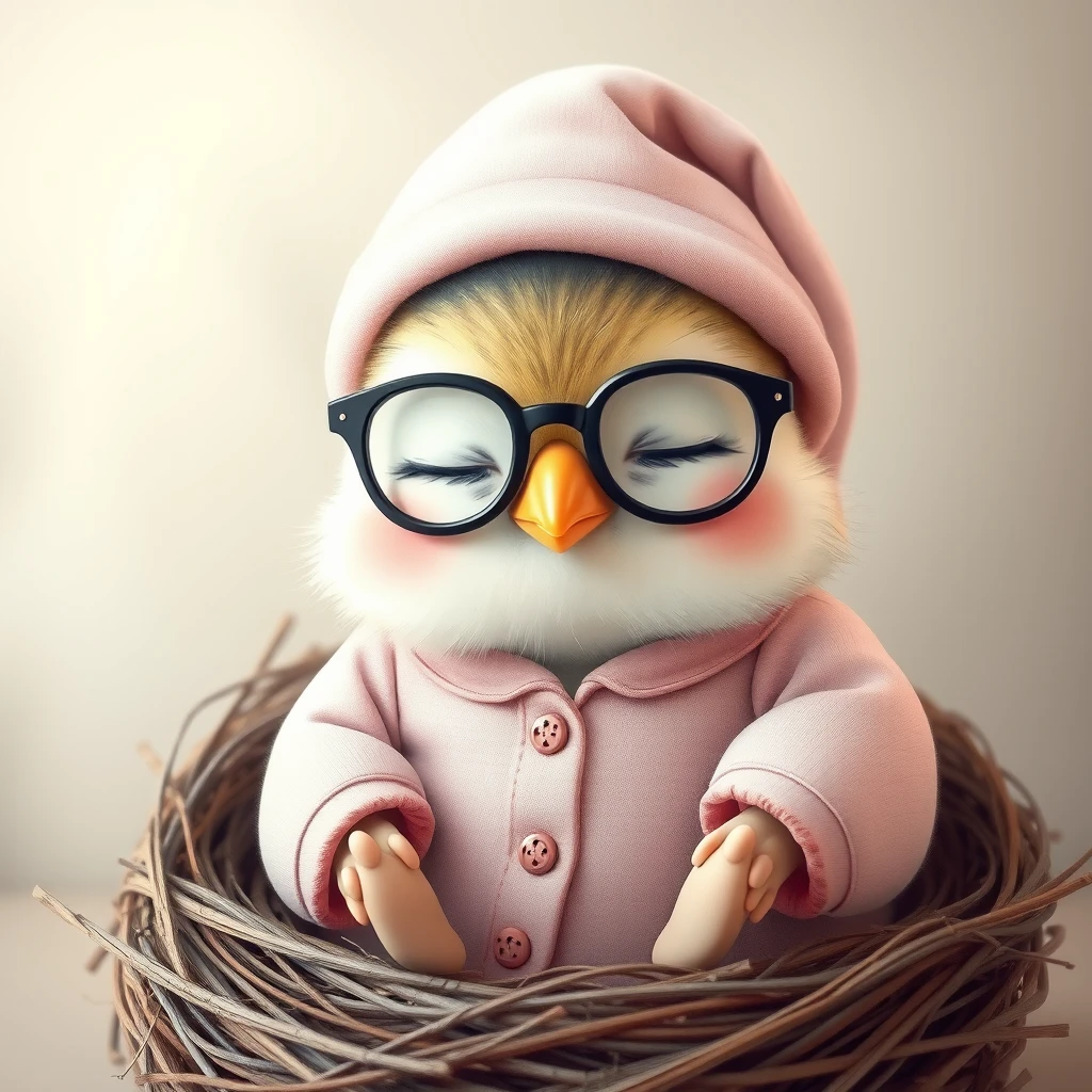 Realistic image of a sweet little cute Kawaii bird with glasses and a nightcap, wearing a beautiful pajamas and a sleepy hat, happily sleeping in its cute nest.