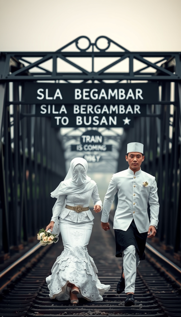 A captivating and surreal photograph of a couple adorned in traditional Malay white wedding attire. The bride dons a stunning "pengantin" outfit, while the groom stands tall and confident. They are seen racing towards a mysterious and ominous black metal bridge marked "Pengantin to Busan." The bridge symbolizes their passage into a new chapter of their lives together. The Malay text "SILA BERGAMBAR" hangs above them, adding an enigmatic touch. The dramatic scene is further intensified by a bokeh background and the TRAIN IS COMING. This image masterfully blends love, adventure, and suspense, creating a unique fusion of emotions. - Image