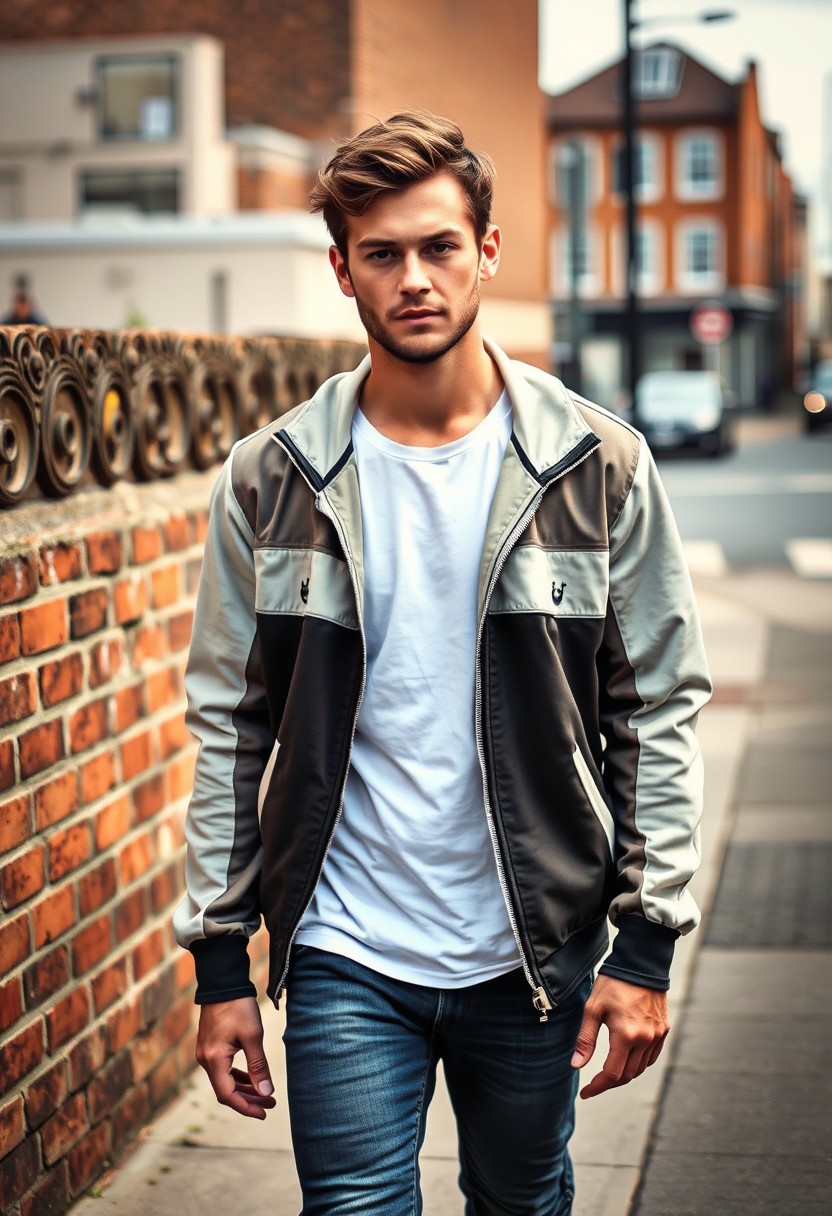 Jamie Dornan head and body shot, handsome, young, serious face, brown-haired, white T-shirt, collage jacket, skinny jeans, sneakers, walking in a hot style, near town road, hyper-realistic, street photography, brick wall, full body photo.