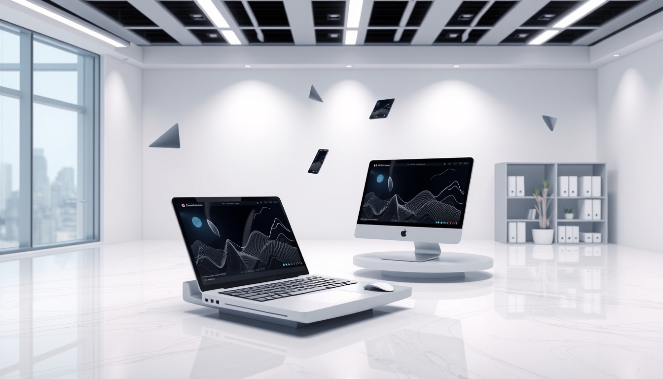 Futuristic Minimalist 3D Workspace with Floating Digital Devices on Business Background