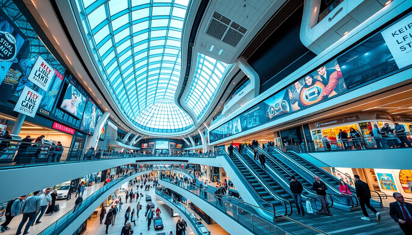 A futuristic shopping mall with glass ceilings and escalators, filled with shoppers. - Image