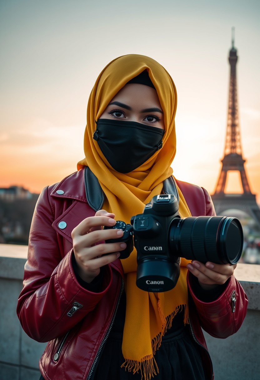 Biggest hijab, yellow Muslim girl, beautiful eyes, black face mask, red leather jacket, biggest black skirt, holding Canon DSLR camera, sunrise, morning scenery, Eiffel Tower, hyper-realistic, street photography.