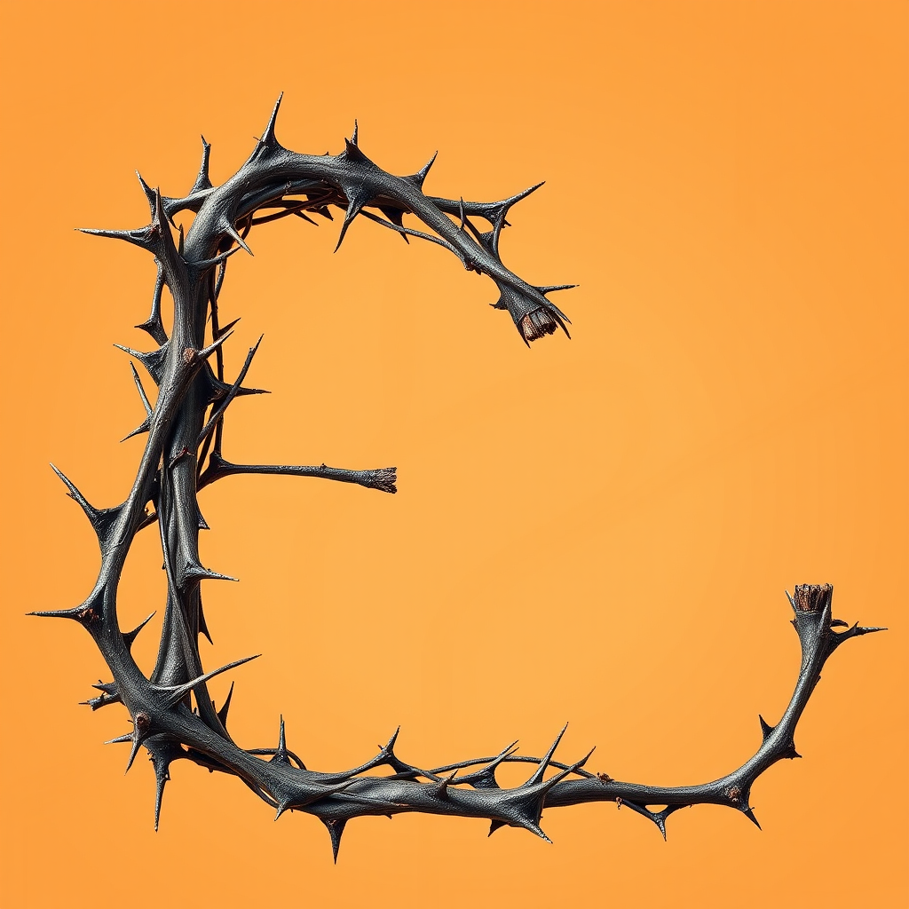 A letter "E" made of thorns with the shape of an "E" in a light orange background, realistic photograph.