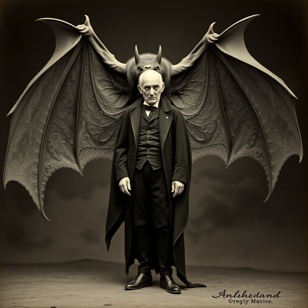 Old vampire man standing next to a giant bat monster, in the style of contemporary vintage photography, necronomicon illustrations, tabletop photography, 1890, hyperrealistic animal portraits, ghostly presence, whirring contrivances.