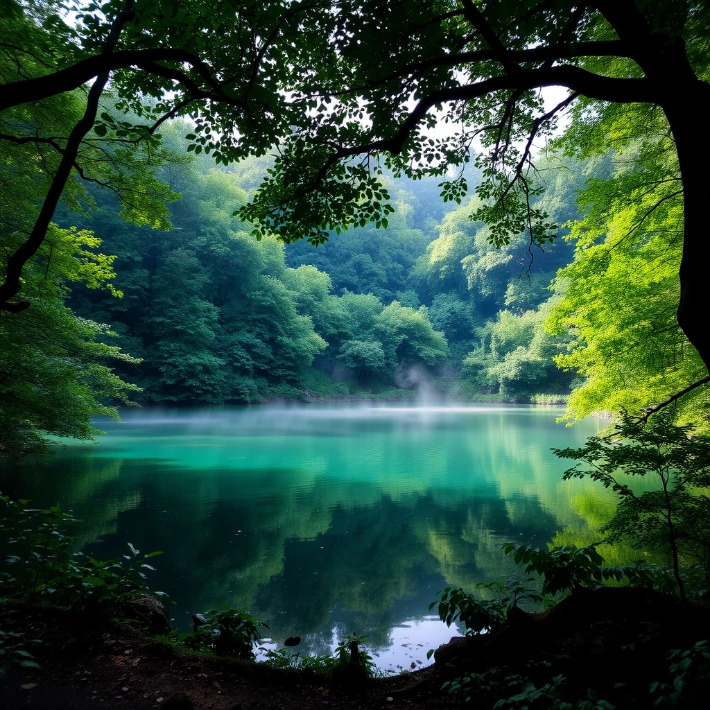 A serene forest sanctuary, ideal for meditation. The scene depicts a tranquil lake surrounded by lush, dense greenery, with soft light filtering through the canopy. The forest is rich in various shades of green and the water is crystal clear, reflecting the surrounding trees. There is a gentle mist hovering over the lake, enhancing the mystical and peaceful ambiance. The overall composition is calm and inviting, perfect for reflection and tranquility. - Image