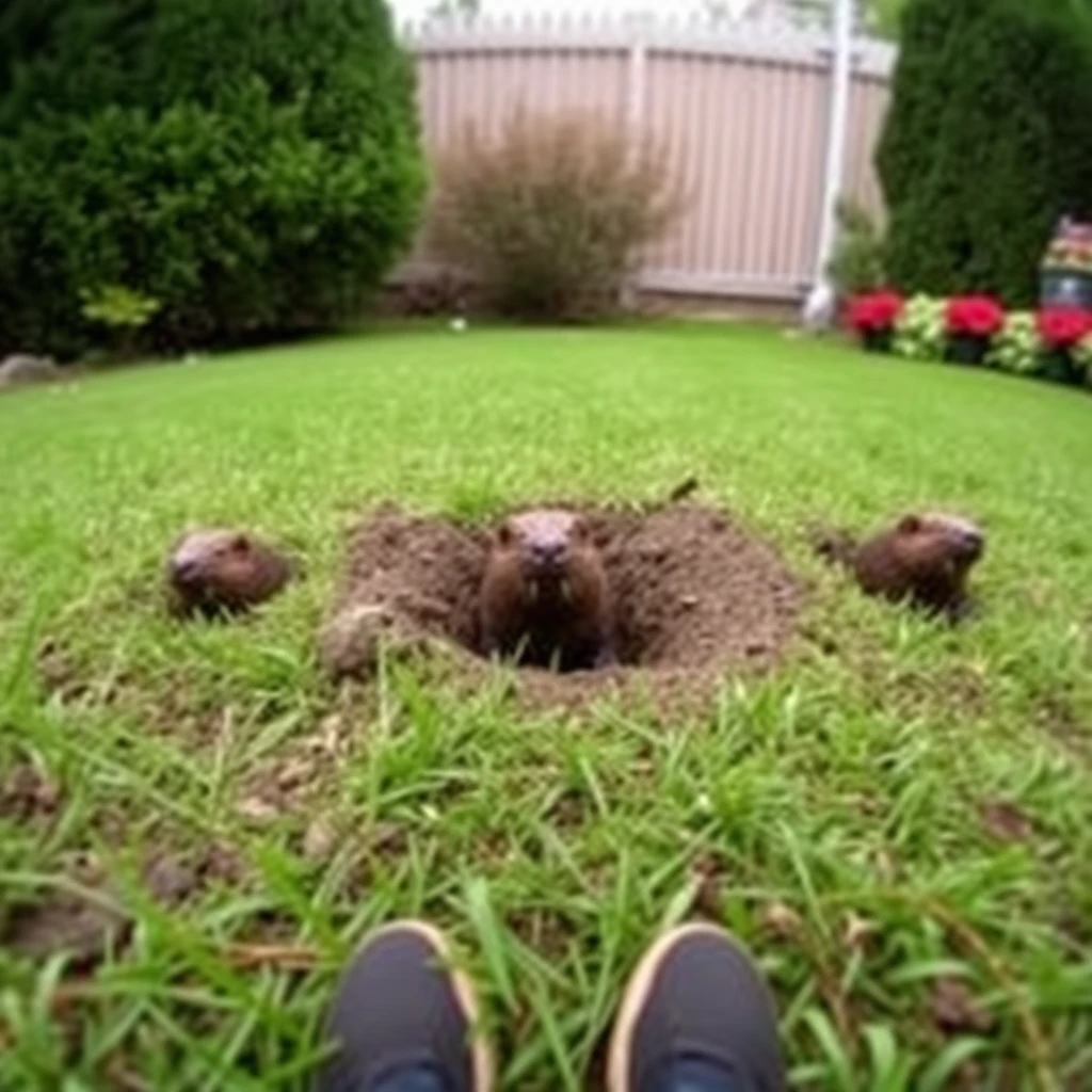 A mole dug into the lawn and poked its head out of the ground. Three moles came out, each from a different hole. The viewpoint is from a person standing and looking. Actual photo.