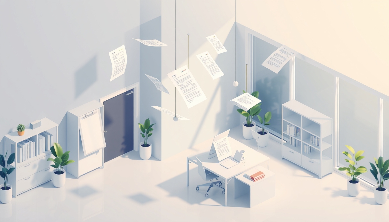 Modern Isometric Office Space with Floating Financial Documents in Soft Tones - Image