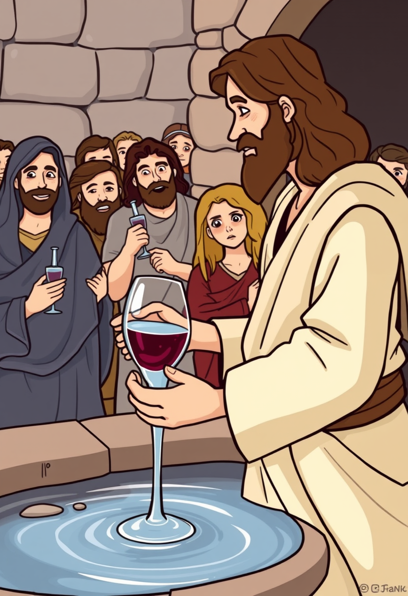 Create a scene of Jesus at the wedding in Cana, turning water into wine, with amazed guests in the background. cartoon style, thick lines, low details, no shading. - Image