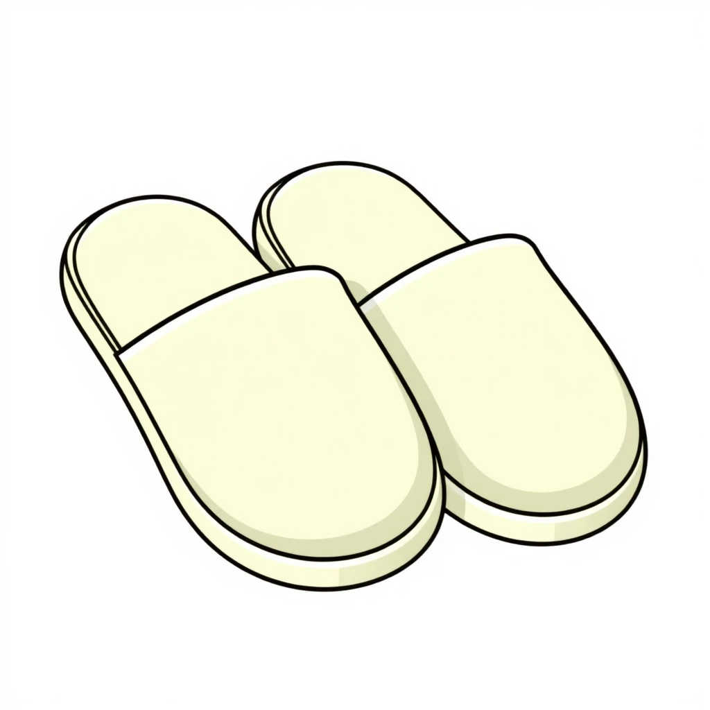 "Create a 255x255 pixel icon of a pair of slippers. The slippers should be light-colored and have a simple, minimalistic design. The perspective should be in a quarter view to provide a sense of depth and dimension. Ensure that the image remains clear and recognizable even when scaled down, with clean lines and a smooth, flat color palette." - Image