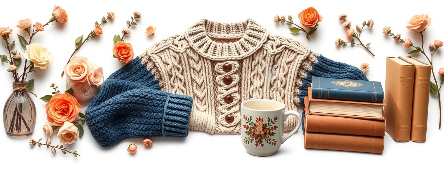 cozy-themed items, floral items, a detailed knit sweater, steaming mug, books, all arranged and isolated on a white background, peachy, navy and coordinating colors, trending cozy style, Folk art, 2d, icons, trending junk journal style, sticker art, hyper-realistic, high quality - Image