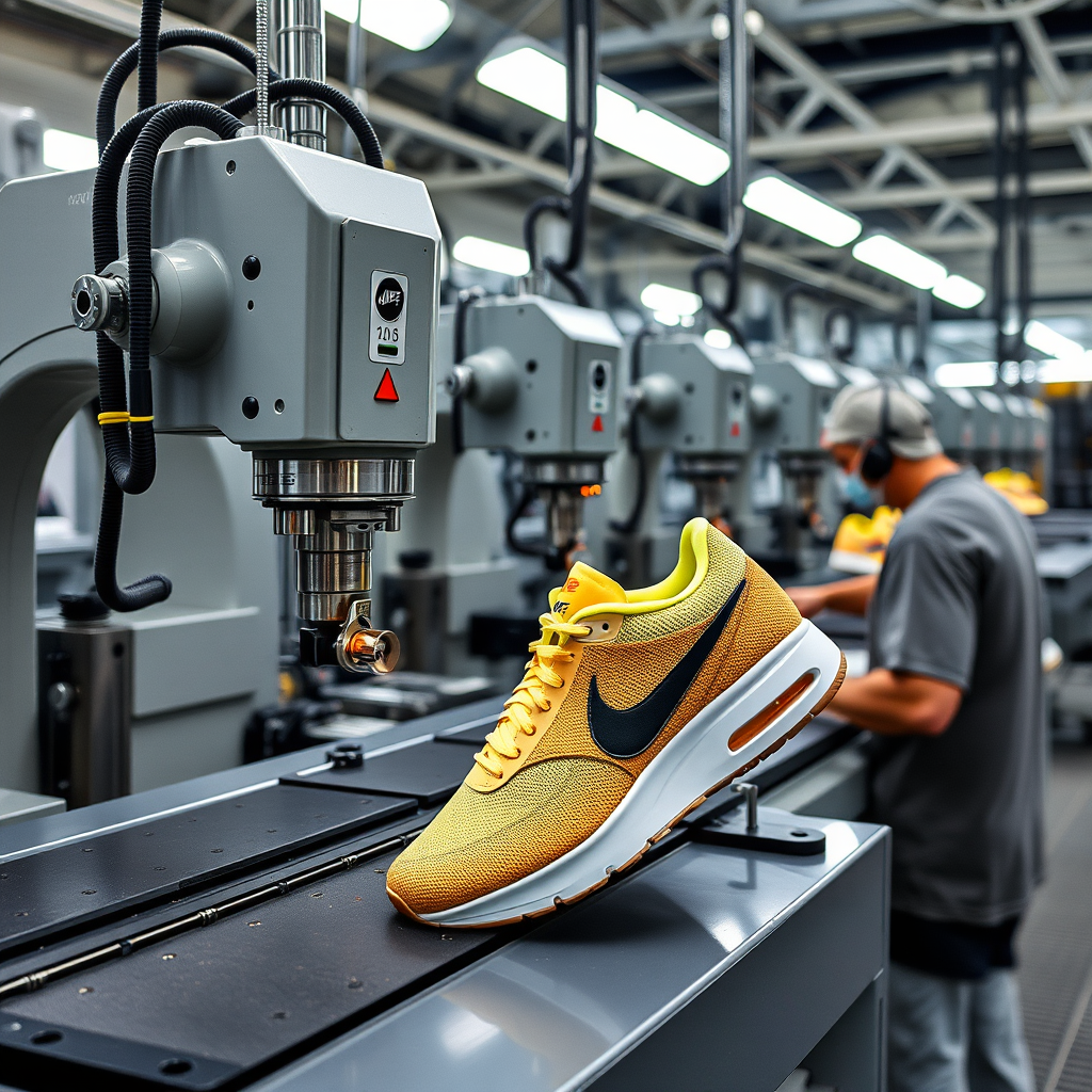 Cutting process to create Nike shoes, but all machines, no humans. - Image