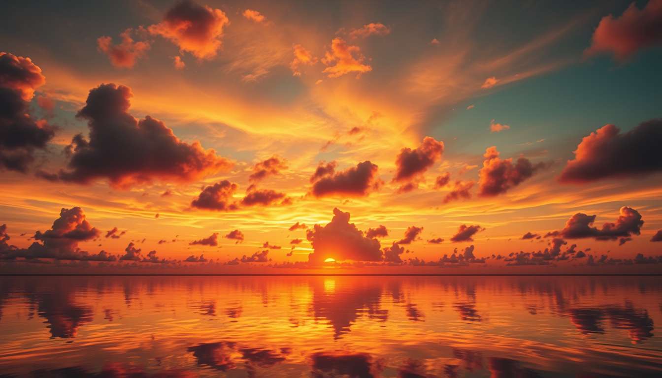 fiery sunset, clouds, high quality, photorealistic, evening sky, reflection, serene, seashells