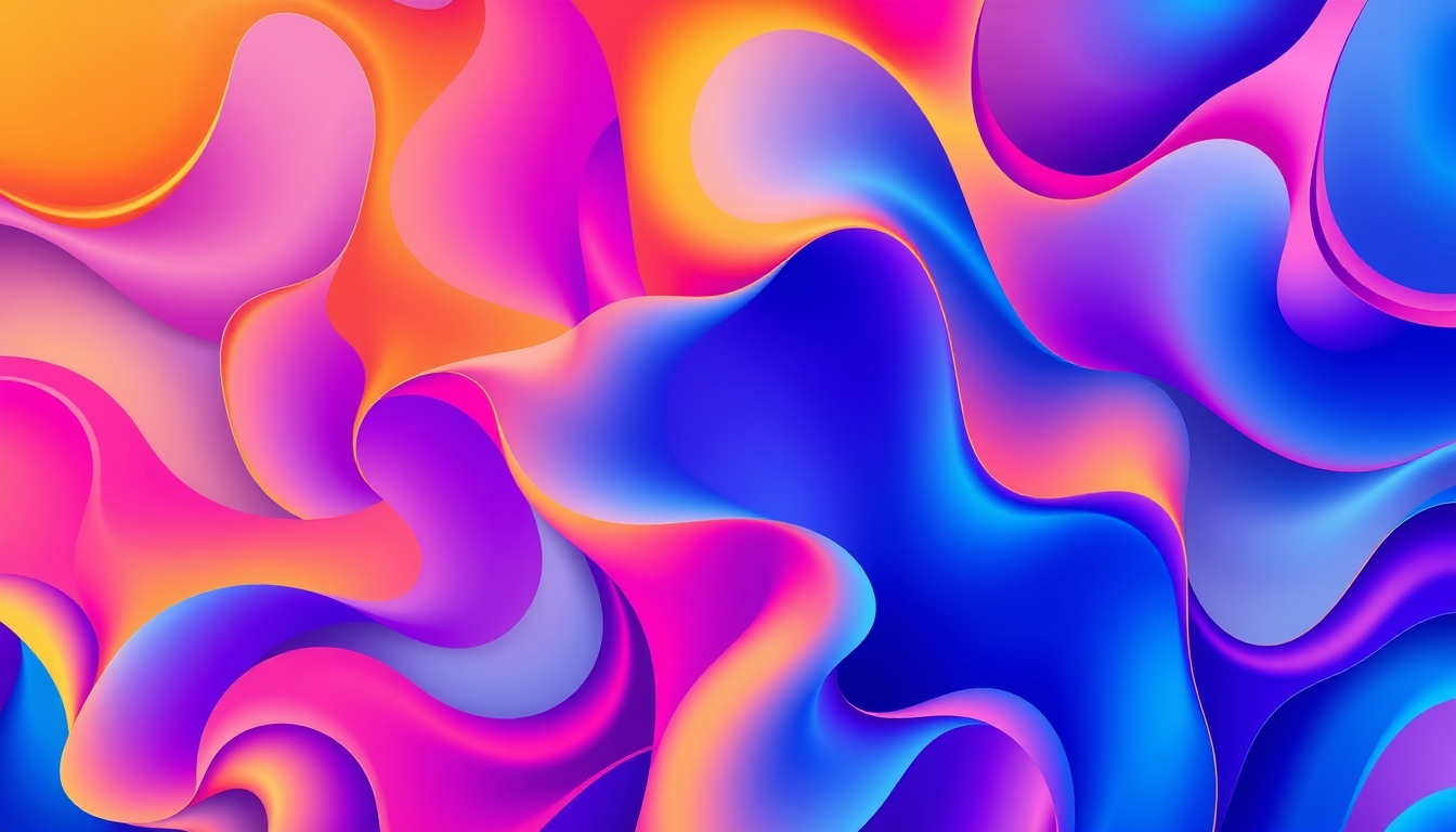 A high-resolution digital artwork with bold geometric shapes in vibrant colors, blending seamlessly with fluid gradients, creating a dynamic visual effect. - Image