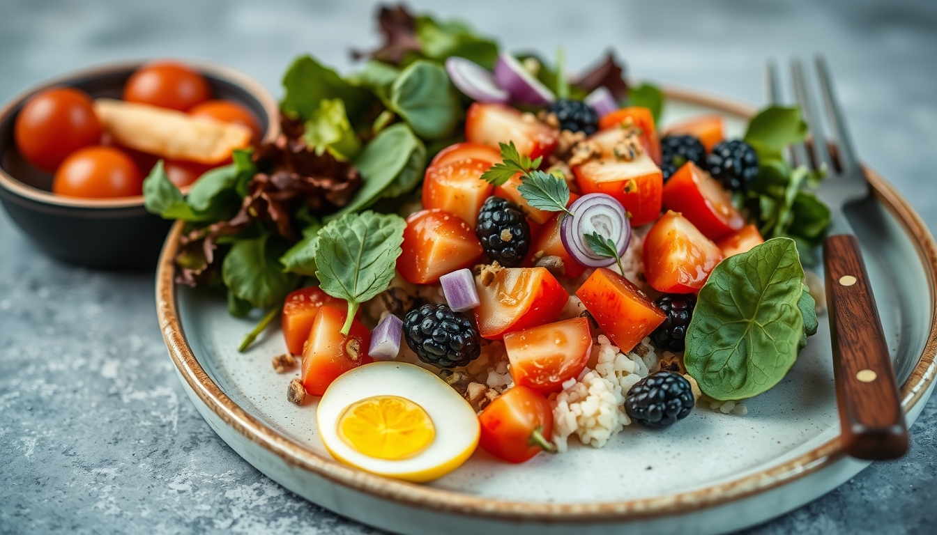 A beautifully composed shot of a healthy, plant-based meal, with vibrant colors and fresh ingredients arranged on a ceramic plate.