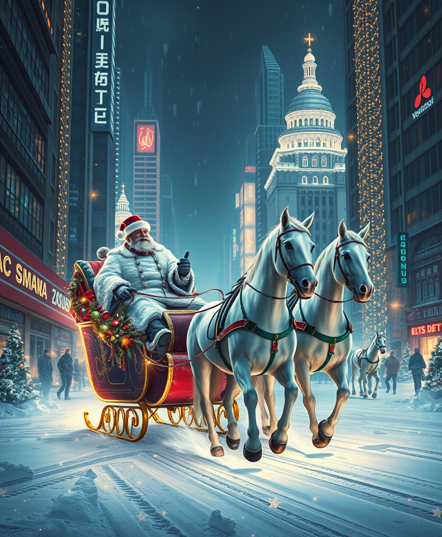 "Russian Snow Grandfather rides a festive sleigh, pulled by three white horses through a futuristic cyberpunk city decorated with Christmas lights, art by Vladimir Zarubin." - Image