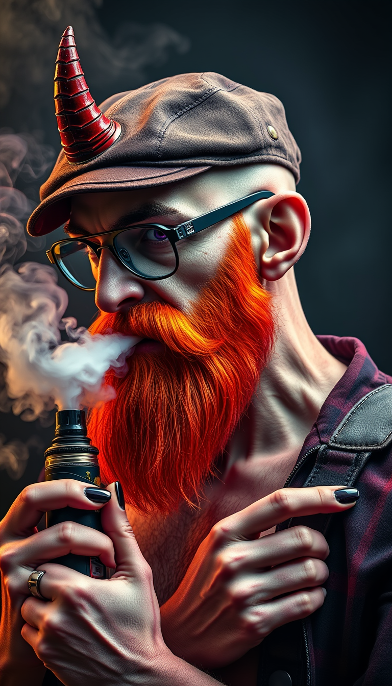 Three-quarter view of a sinister, bald human male with necromancer lich features. Demonic horns, short fiery ginger beard contrasts with dark eyebrows. Wears a weathered flat cap and aviator glasses. Clutches a sleek vape mod, exhaling dense, swirling vapor clouds. Vibrant, e-liquid drips off his pale skin, creating a colorful aura. - Image