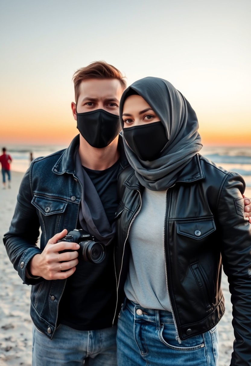 Jamie Dornan's head and body shot, handsome, black face mask, jeans jacket, jeans, dating, love couple, with the biggest grey hijab Muslim girl, black face mask, beautiful eyes, black leather jacket, biggest skirt, taking photo at the beach, DSLR camera Canon, sunrise, hyper-realistic, street photography. - Image