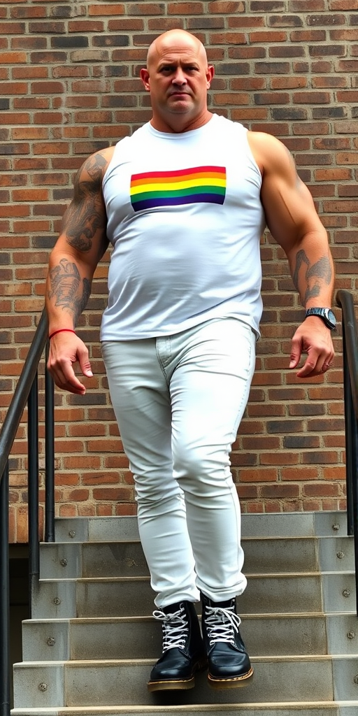 A towering, muscular 60-year-old skinhead bodybuilder stands confidently on concrete stairs, his gleaming bald head contrasting with his light skin. Clad in a striking white t-shirt with the gay flag logo, tattooed arms flex beneath the sleeveless fabric. Tight bleached denim trousers highlight his powerful legs, complemented by knee-high Dr. Martens boots with white laces. The rugged brick wall and metal handrails create an industrial backdrop, enhancing the imposing presence of this behemoth.