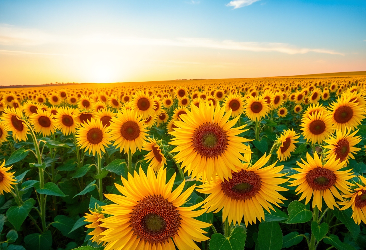 Vibrant, sunflower fields, golden blooms, high quality, photorealistic, summer, cheerful, idyllic, rural, panoramic, breathtaking, blue skies, windblown fields, sunset, floral arrangements.