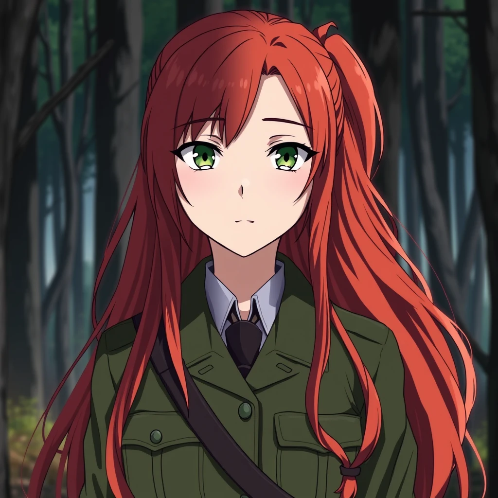 Red-haired girl in the forest, green eyes, long hair, ponytail, calm and serious, military uniform, in the style of Conrad Roset, Honkai Star Rail, Yoneyama Mai.