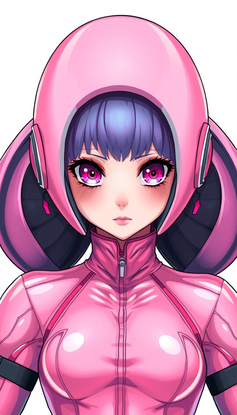 Ultra Detailed Character portrait, no helmet, Beautiful Pink space bodysuit, female, anime style, super glamorous space female pirate, Pink Clothes made of shiny vinyl, Pink space bodysuit, A view from the waist up to the head, The background is a simple white color, cute Feel like a villain, Bizarre suits like space alien designs. - Image