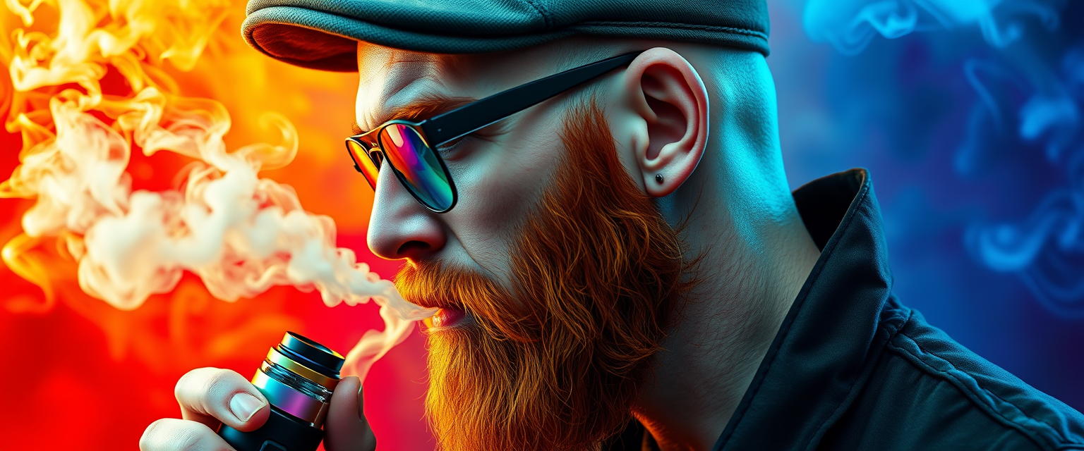 Three-quarter view of a sinister, bald human male with demonic features. Short ginger beard contrasts with dark eyebrows. Wears a weathered flatcap and reflective aviator glasses. Clutches a sleek vapemod, exhaling dense, swirling vapor clouds. Vibrant e-liquid drips off his pale skin, creating a colorful aura. Hyper-realistic, high detailed.