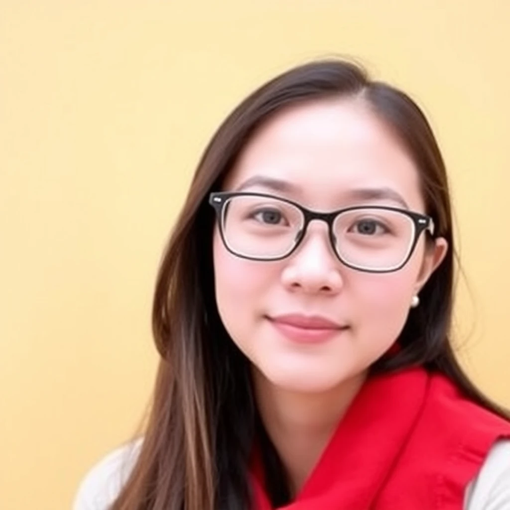 Woman, 22 years old, student, Chinese face, wearing glasses, solid color background. - Image